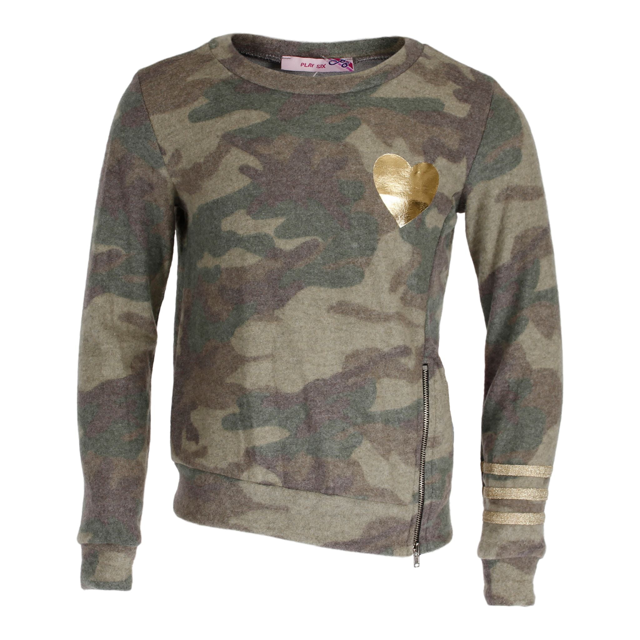 Camo Brushed Fleece Sweater with Gold Zipper Detail and Gold Heart - Denny's
