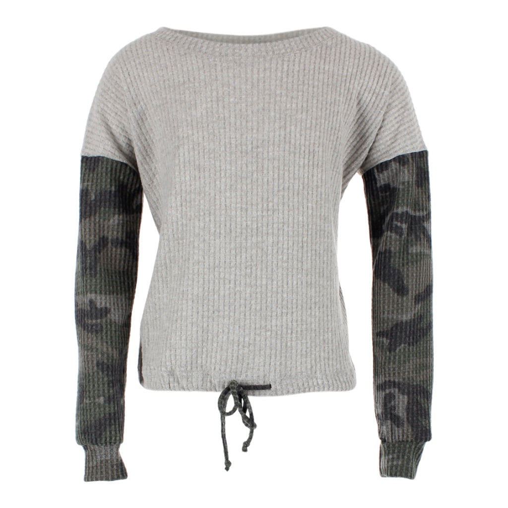 Waffle Sweater with Camo Sleeves Tie Waist - Denny's