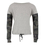 Waffle Sweater with Camo Sleeves Tie Waist - Denny's