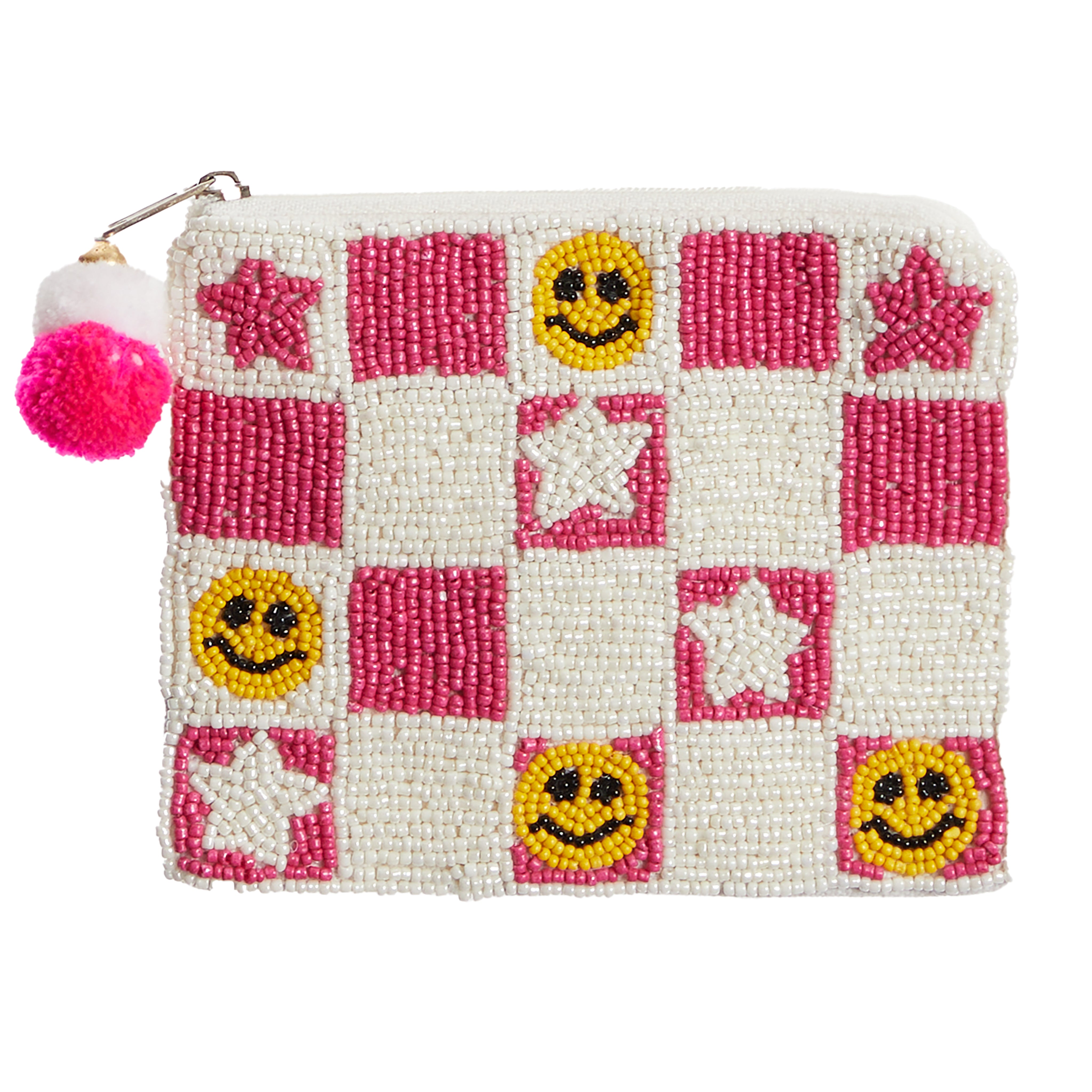 Checkered Smiley & Star Beaded Pouch - Denny's