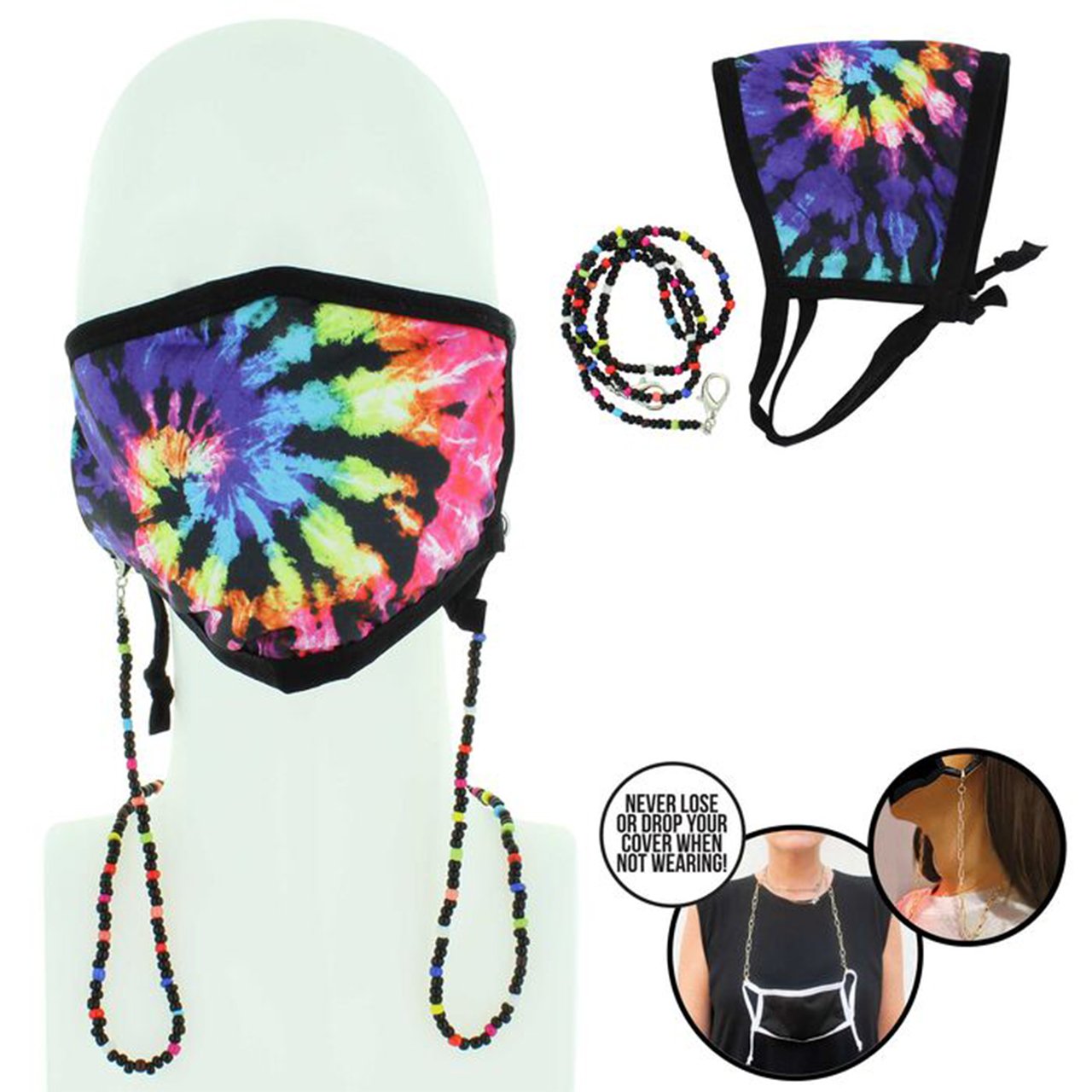 Rainbow Tie Dye Mask with Beaded Chain Adult Mask - Denny's