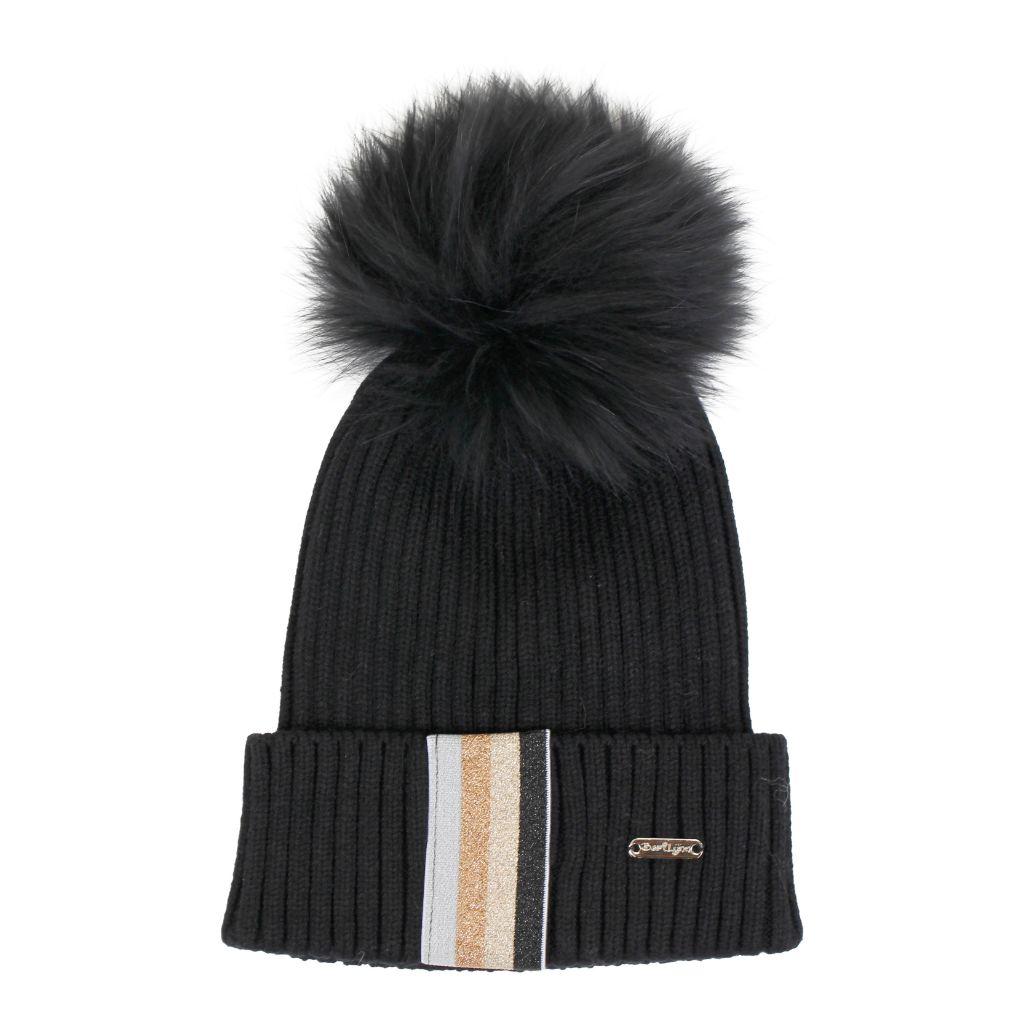 Black Beanie with Metallic Stripe & Black Pom - Fits Sizes 7-14 - Denny's