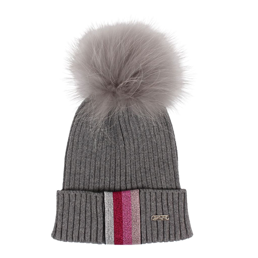 Grey Hat with Silver Pom & Pink Taping - Fits Sizes 7-14 - Denny's