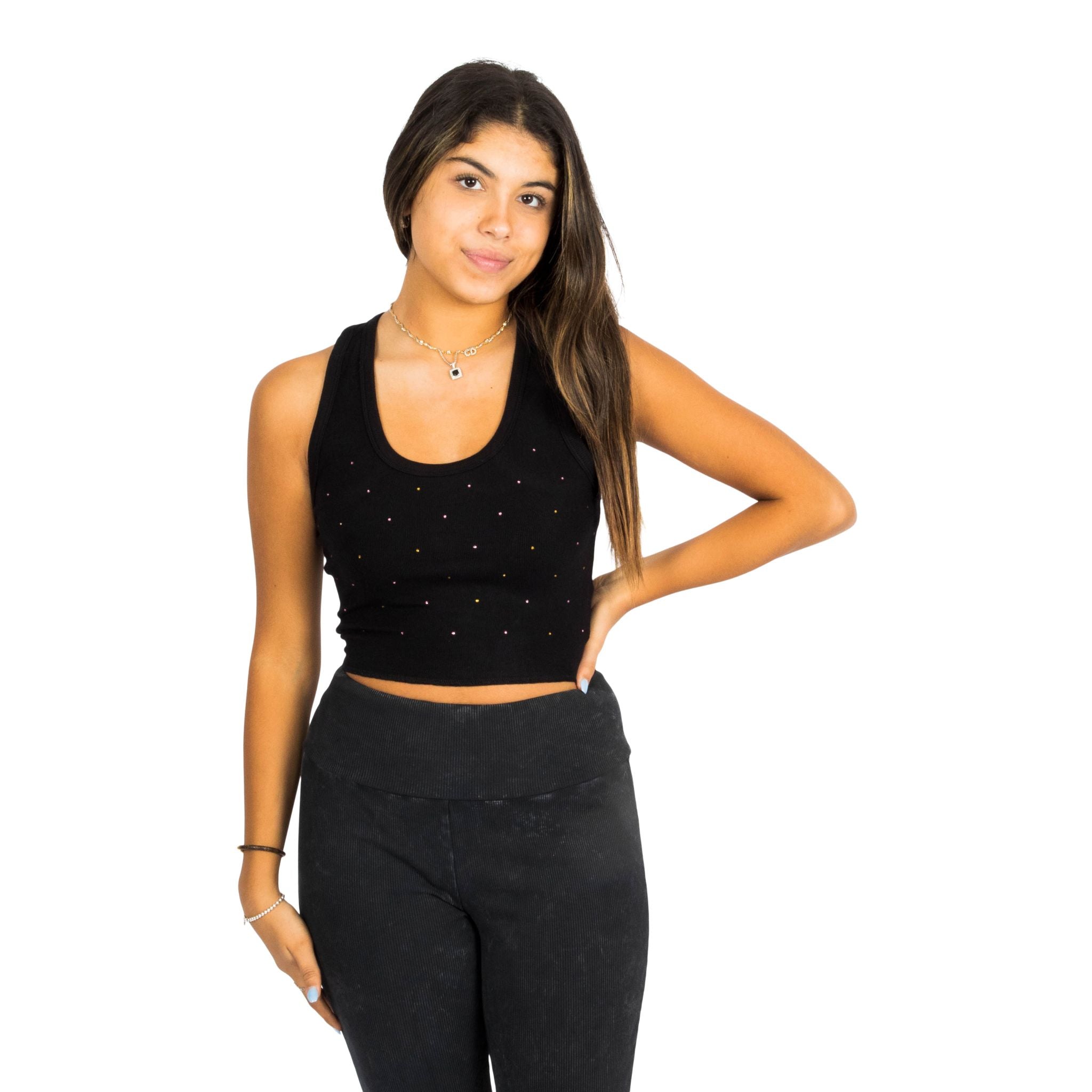 Livi Rhinestone Ribbed Crop Tank - Denny's