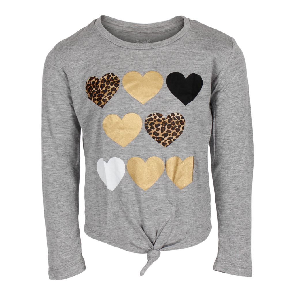 Long Sleeve Tie Front Top with Leopard & Metallic Hearts - Denny's