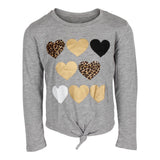 Long Sleeve Tie Front Top with Leopard & Metallic Hearts - Denny's