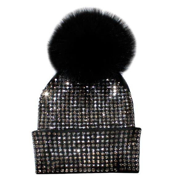 Kids Size Black Studded Beanie with Black Pom - Denny's