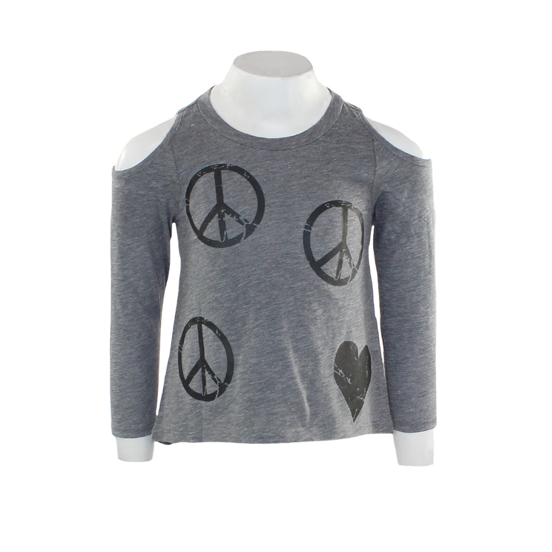 Long Sleeve Cold Shoulder Top with Icons - Denny's