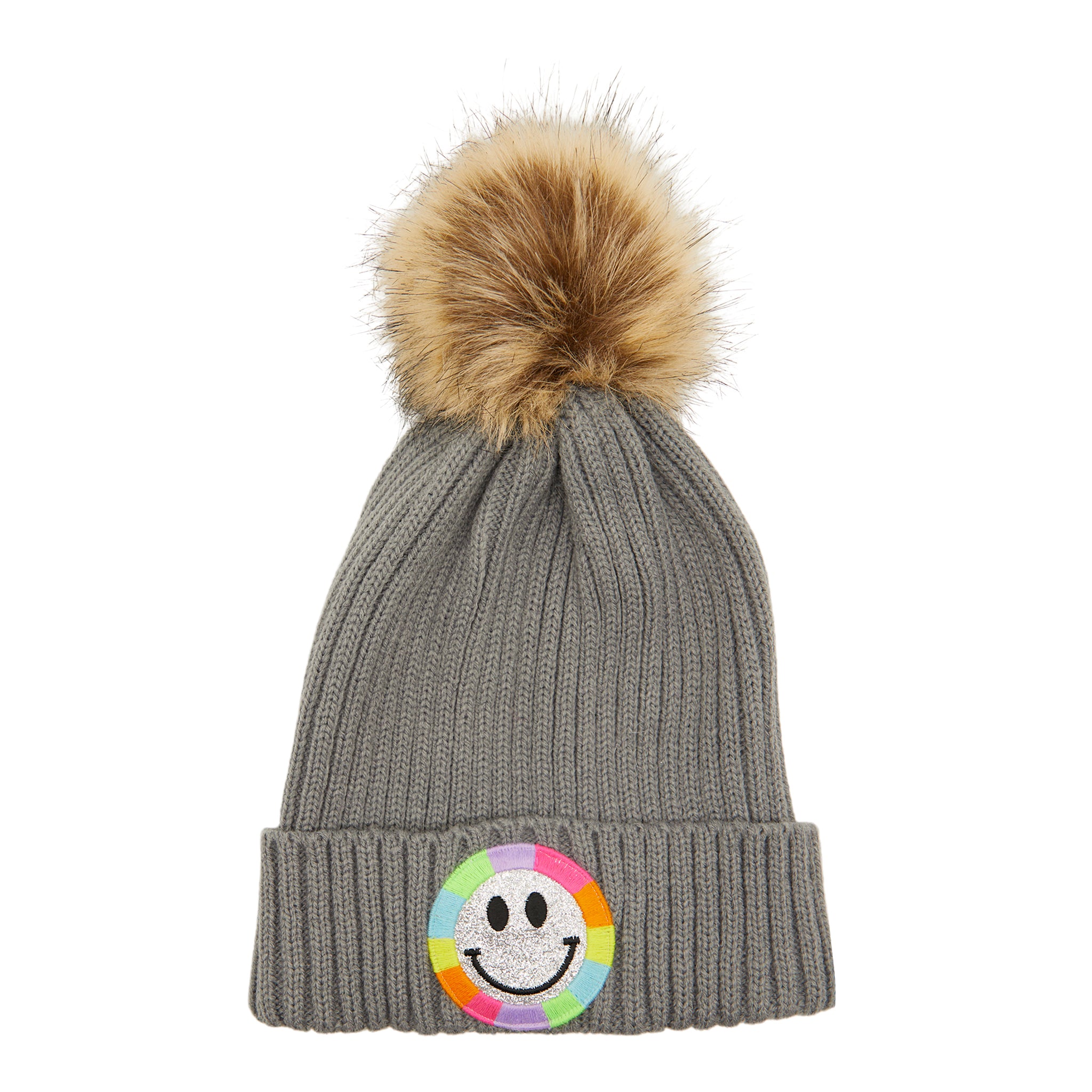 Silver Glitter Smiley Pom Beanie - Denny's