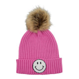 White Chenille Smiley Pom Beanie - Denny's
