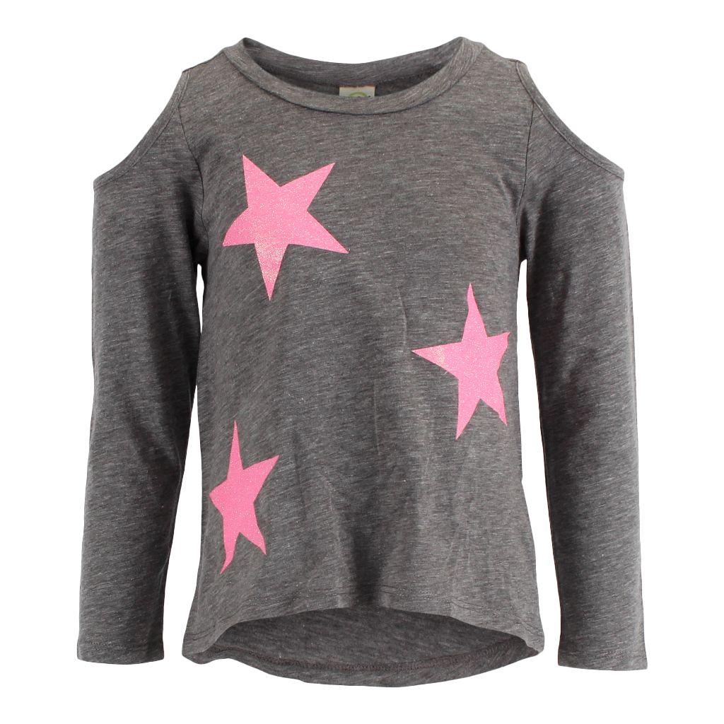 Long Sleeve Cold Shoulder with Neon Pink Glitter Stars - Denny's