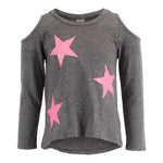 Long Sleeve Cold Shoulder with Neon Pink Glitter Stars - Denny's