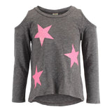 Long Sleeve Cold Shoulder with Neon Pink Glitter Stars - Denny's