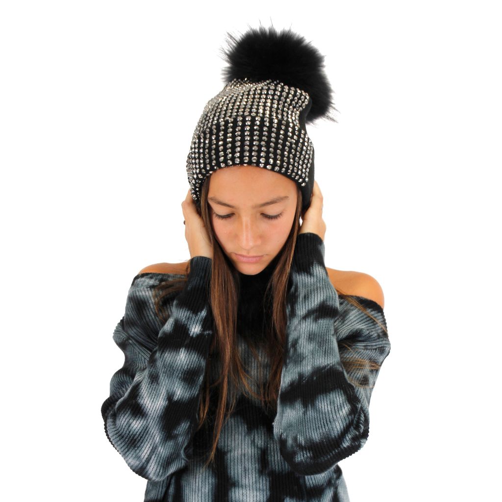 Kids Size Black Studded Beanie with Black Pom - Denny's