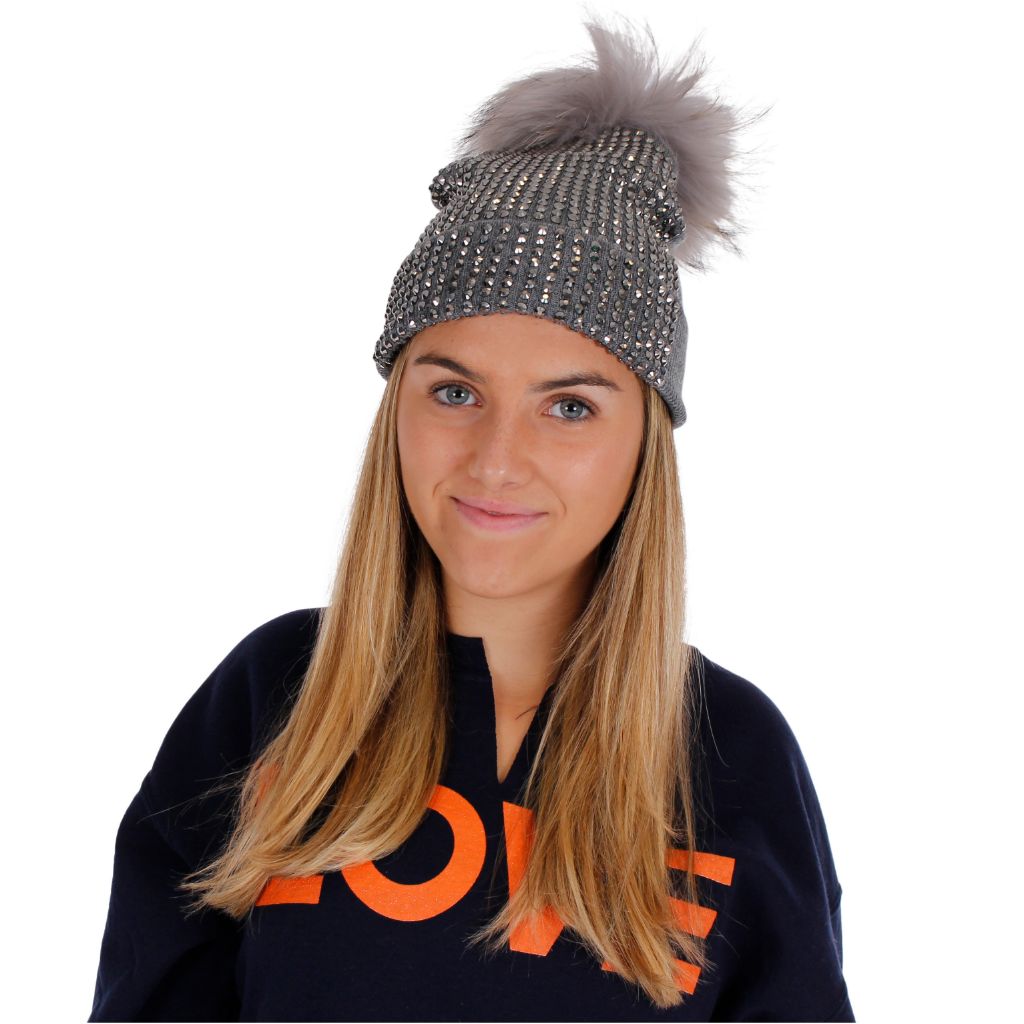 Junior Size Grey Studded Beanie with Grey Pom - Denny's
