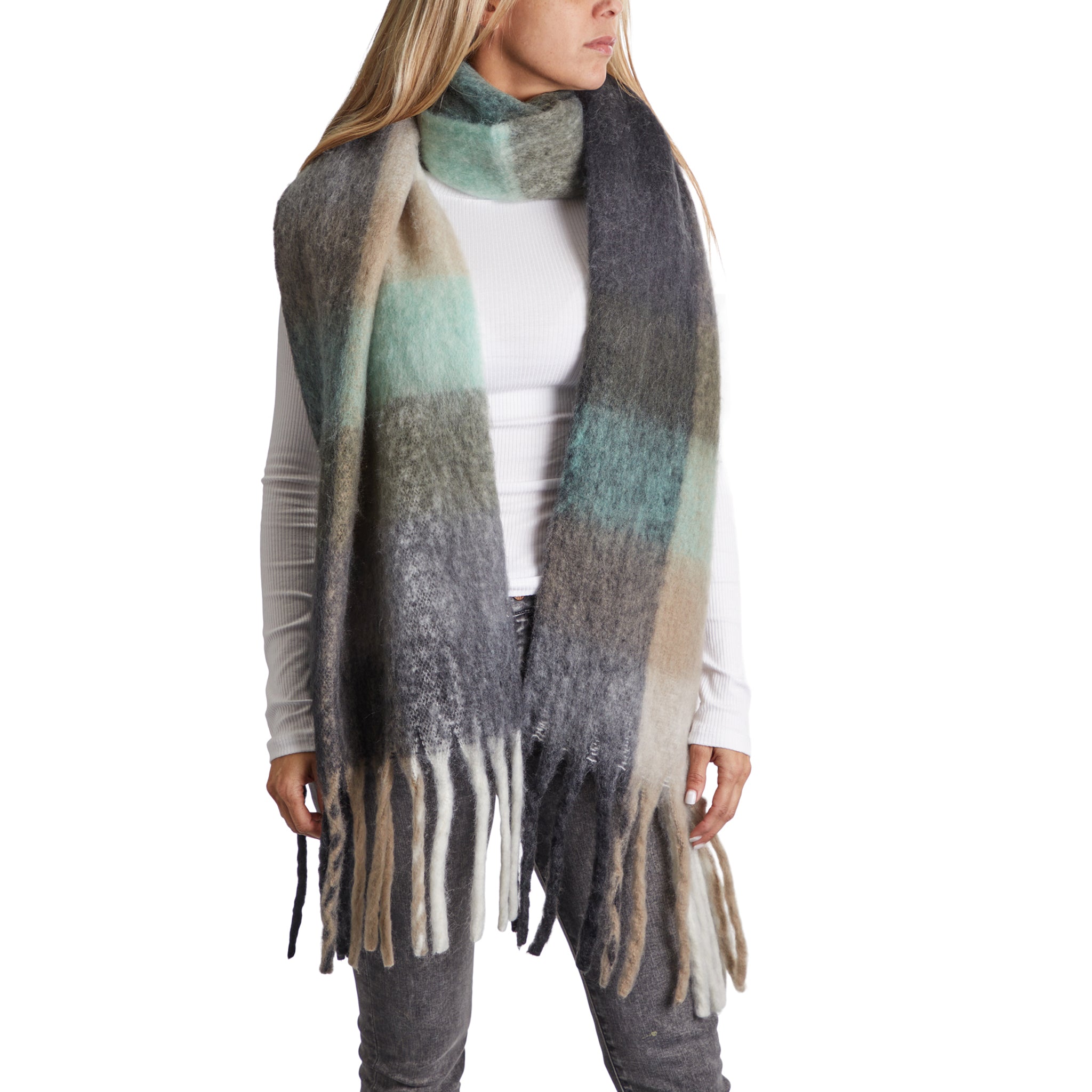 Oblong Black Multi Plaid Fringed Scarf - Denny's