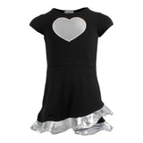 Short Sleeve Ruffle Bottom Dress w Silver Foil n Silver Foil Heart - Denny's