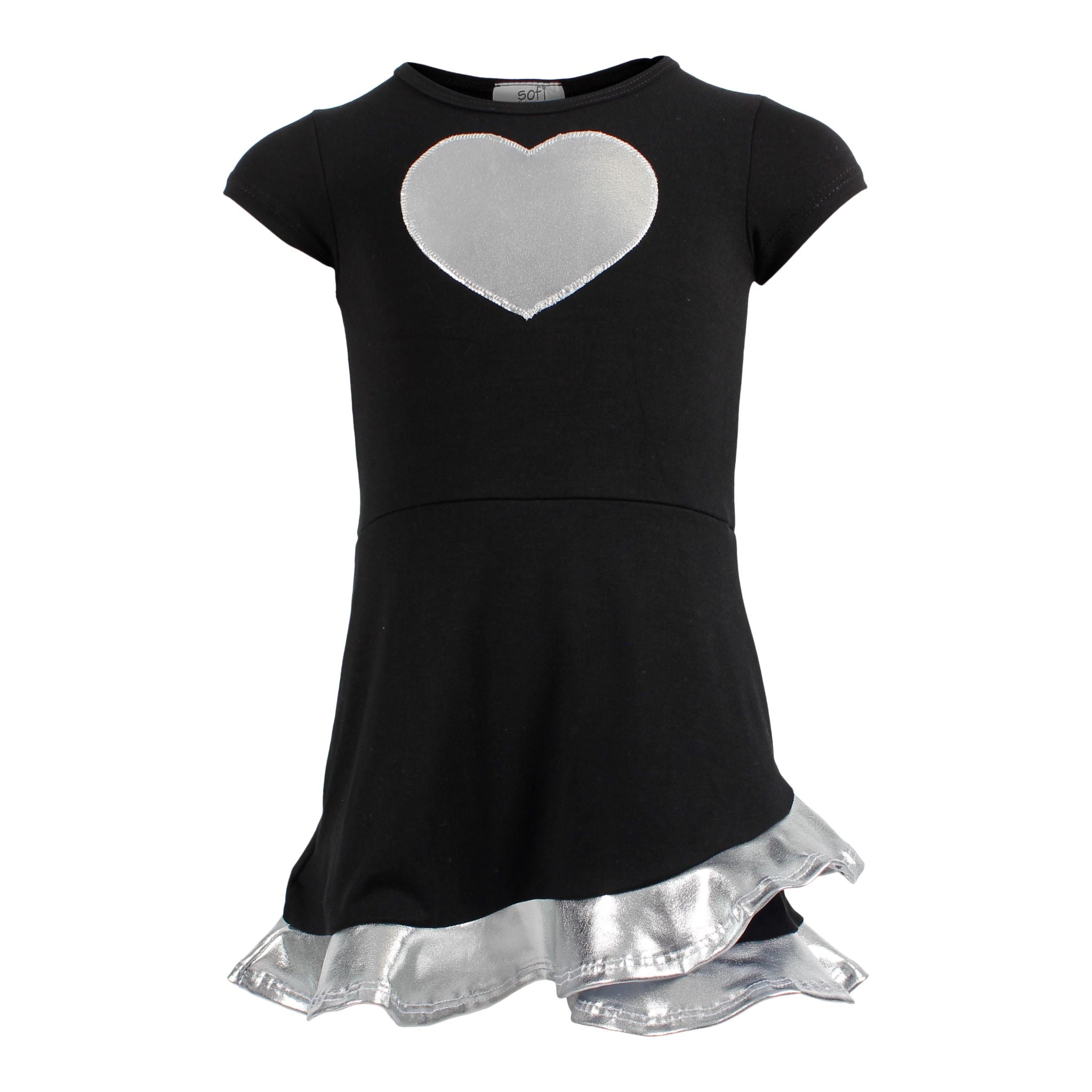 Short Sleeve Ruffle Bottom Dress w Silver Foil n Silver Foil Heart - Denny's