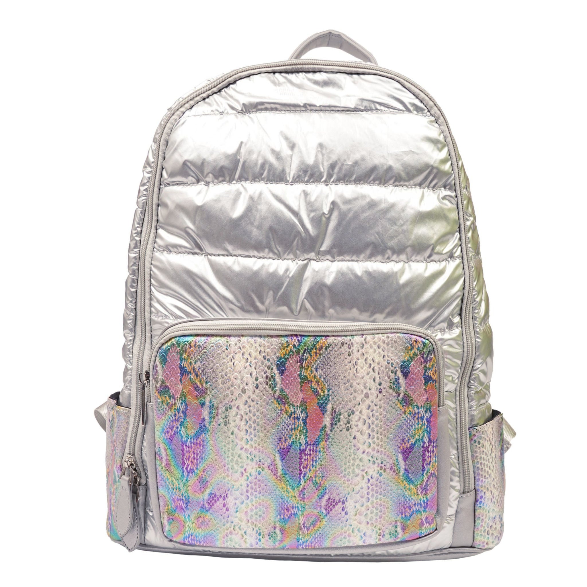 Puffer Backpack with Silver Light Pink Snake Print - Denny's