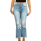 Hi Rise Ripped Kick Frayed Flare Hem Jeans - Denny's