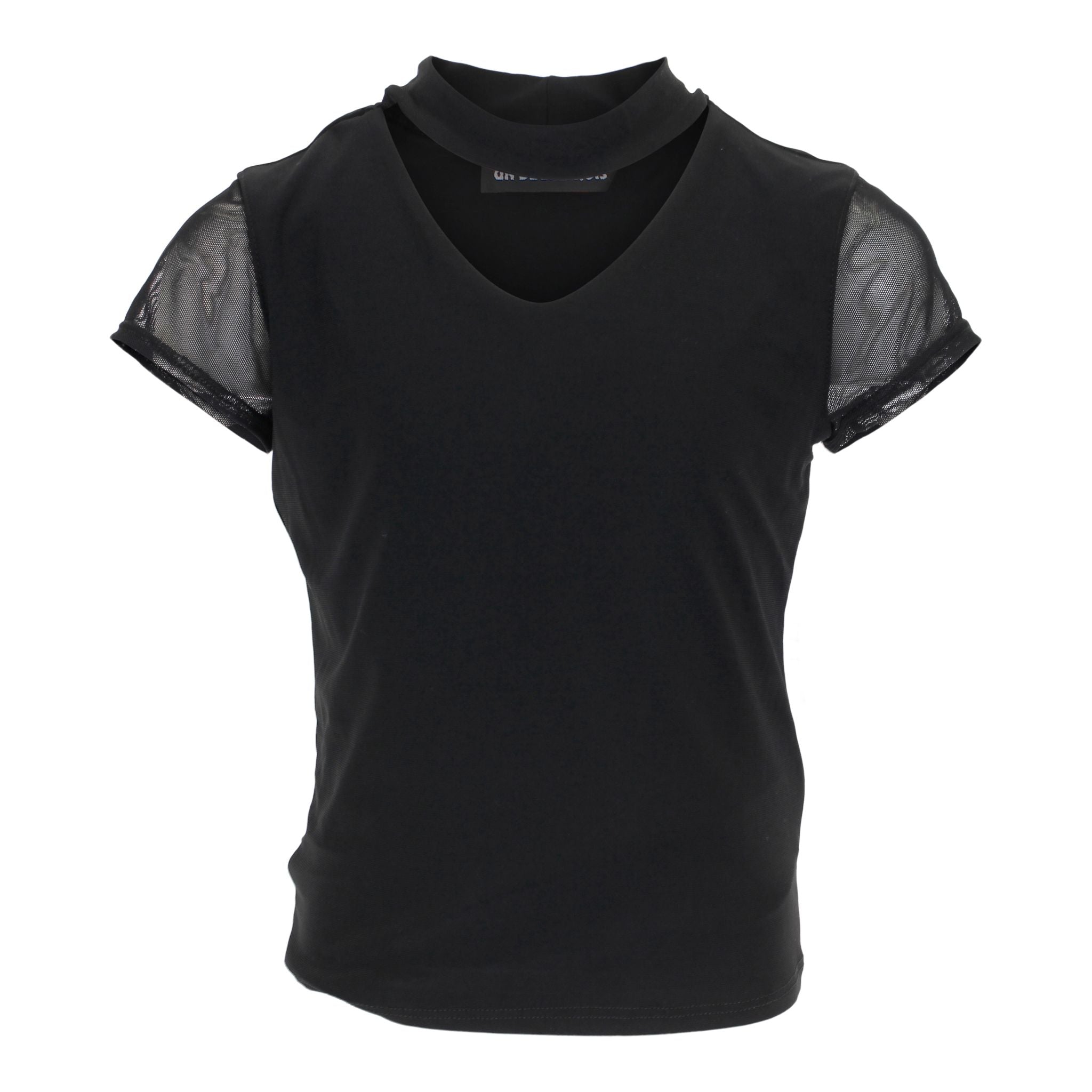 Short Sleeve Choker Top with Mesh Sleeves - Denny's