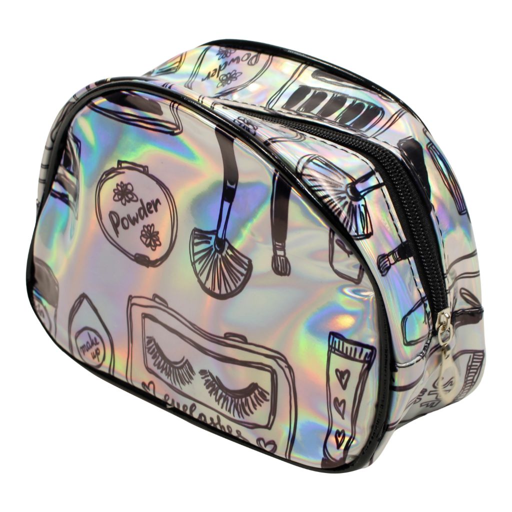 Medium Silver Metallic Round Cosmetic Bag Beauty Print - Denny's