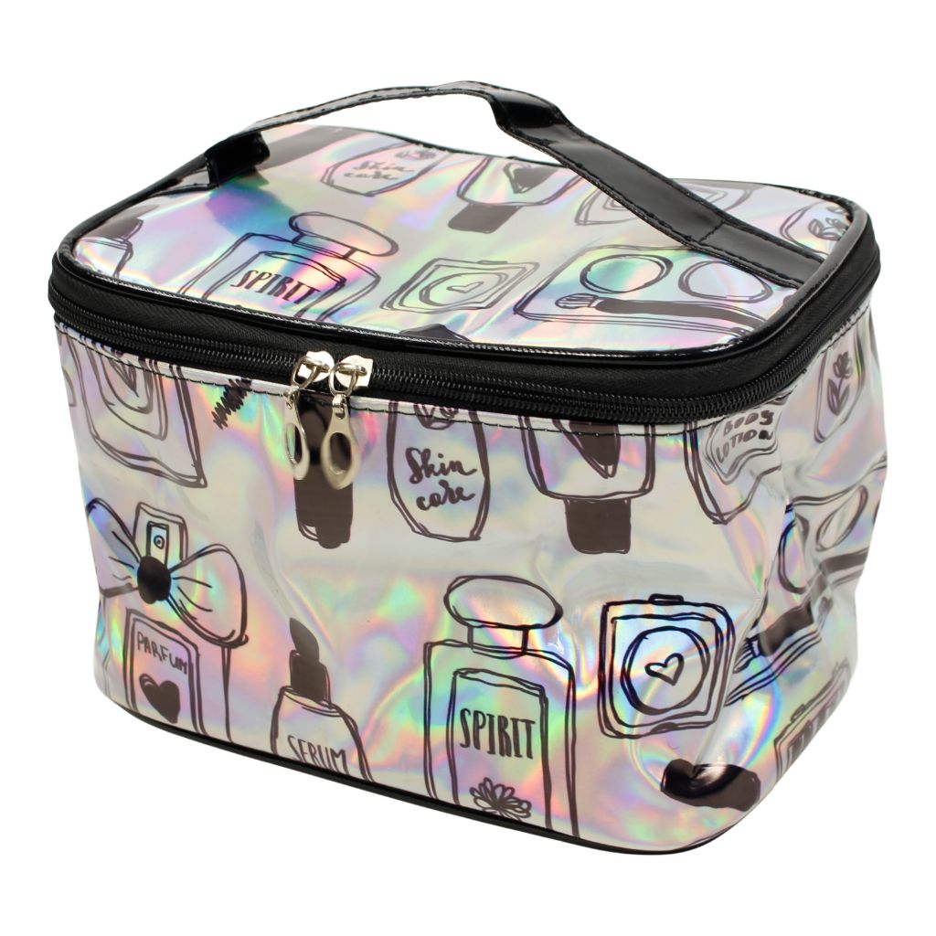 Medium Silver Metallic Square Cosmetic Bag with Handle Beauty Print - Denny's