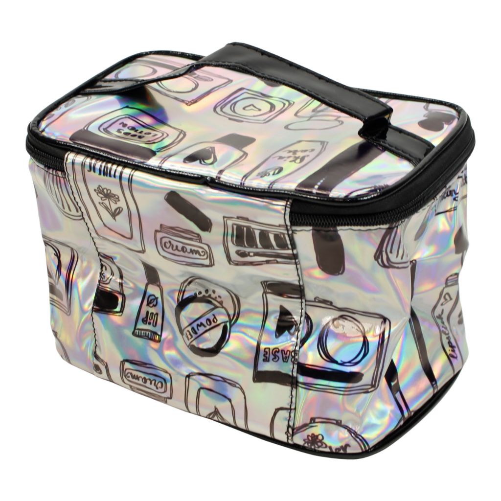Medium Silver Metallic Square Cosmetic Bag with Handle Beauty Print - Denny's