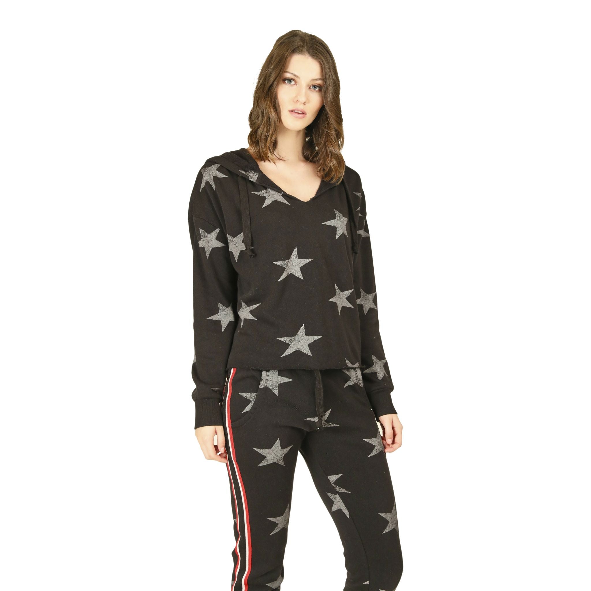 Star Print Crop Hoodie with Stripe Taping Down Back - Denny's