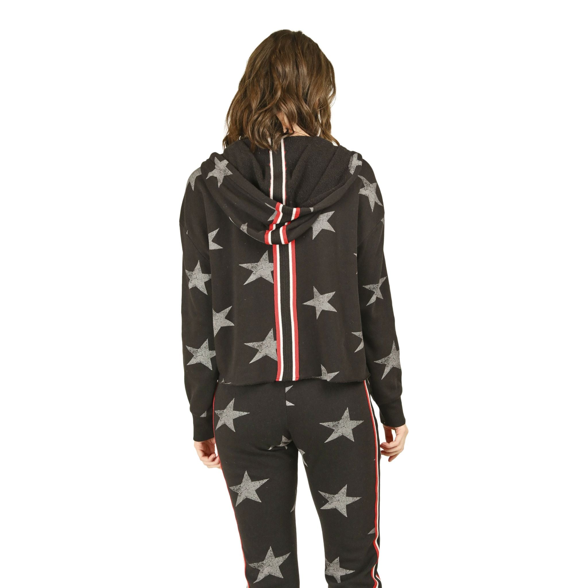 Star Print Crop Hoodie with Stripe Taping Down Back - Denny's