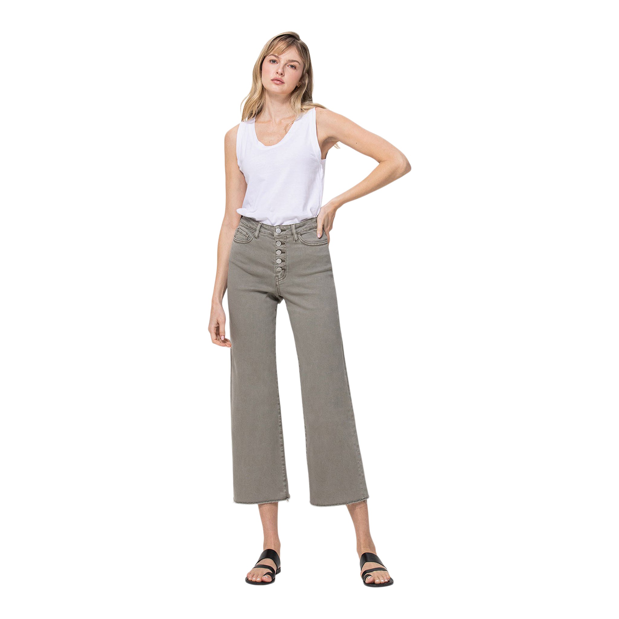 High Rise Button Fly Crop WIde Leg Pant - Denny's