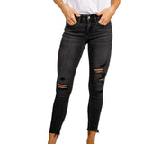 Mid Rise Distressed Raw Hem Crop Skinny Jean - Denny's