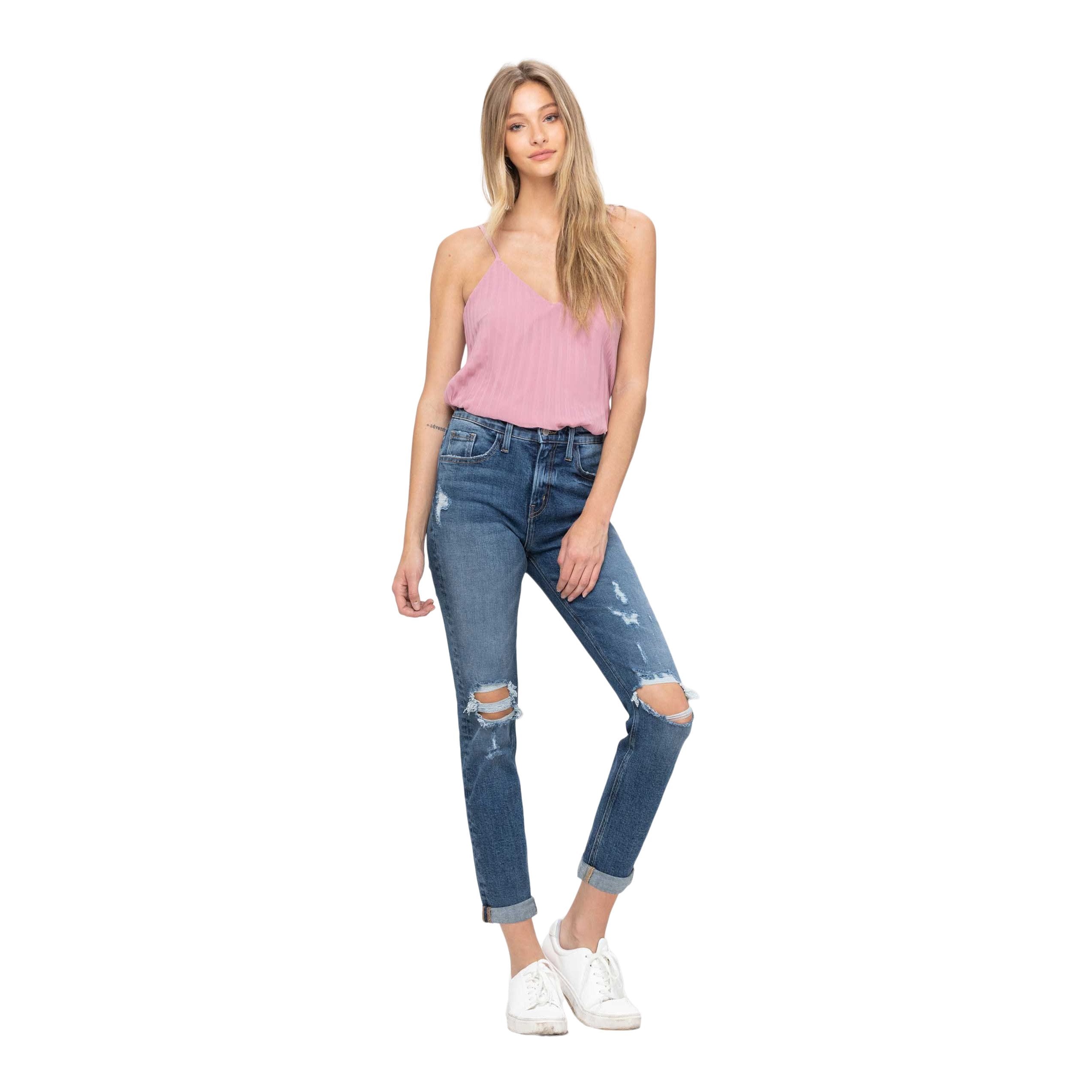 Hi Rise DIstressed Cuffed Boyfriend Jean - Denny's