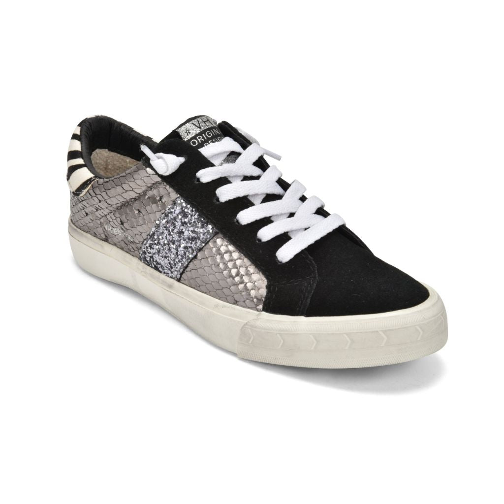 Low Top Slip On Black & Silver Snake Print Sneaker - Denny's